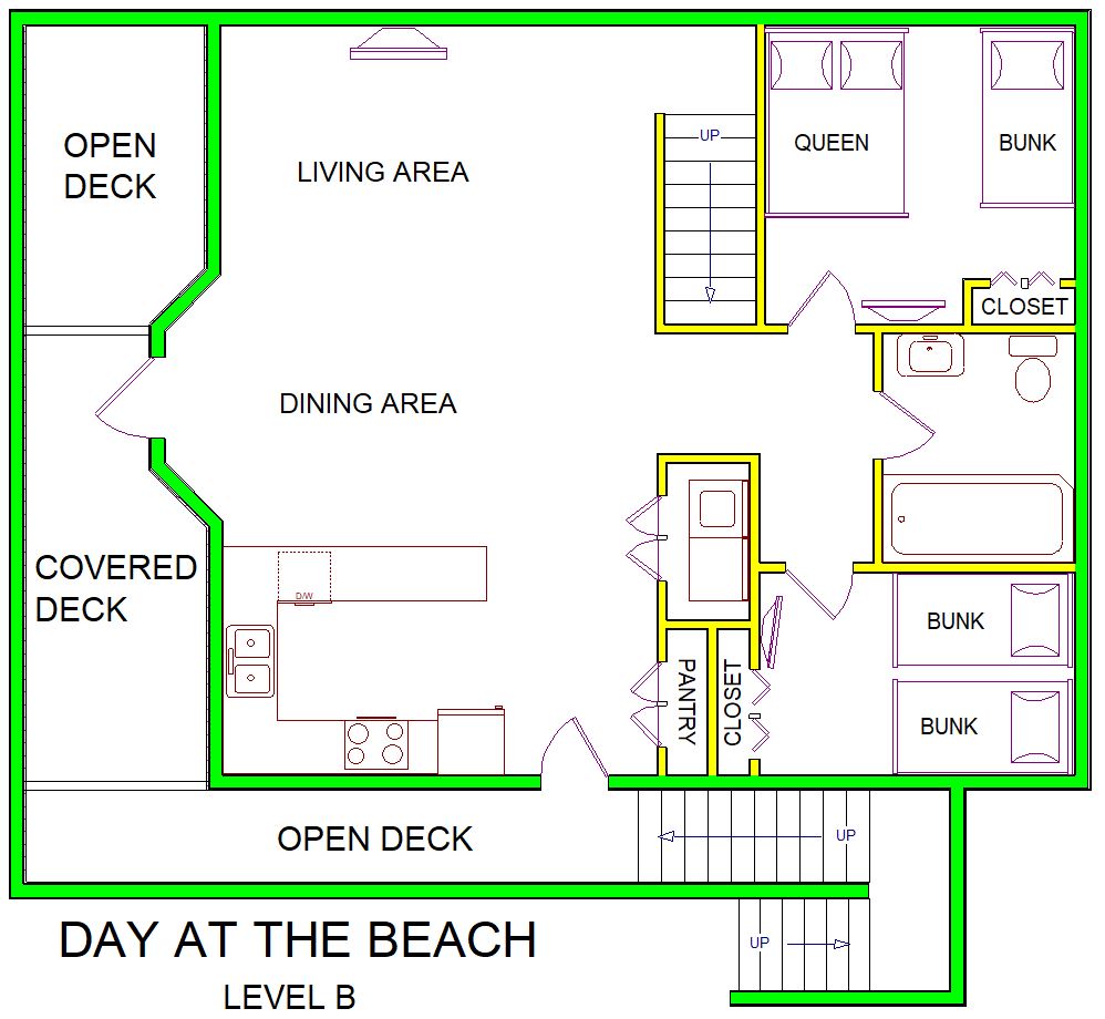 A level B layout view of Sand 'N Sea's beachside house vacation rental in Galveston named Day at the Beach